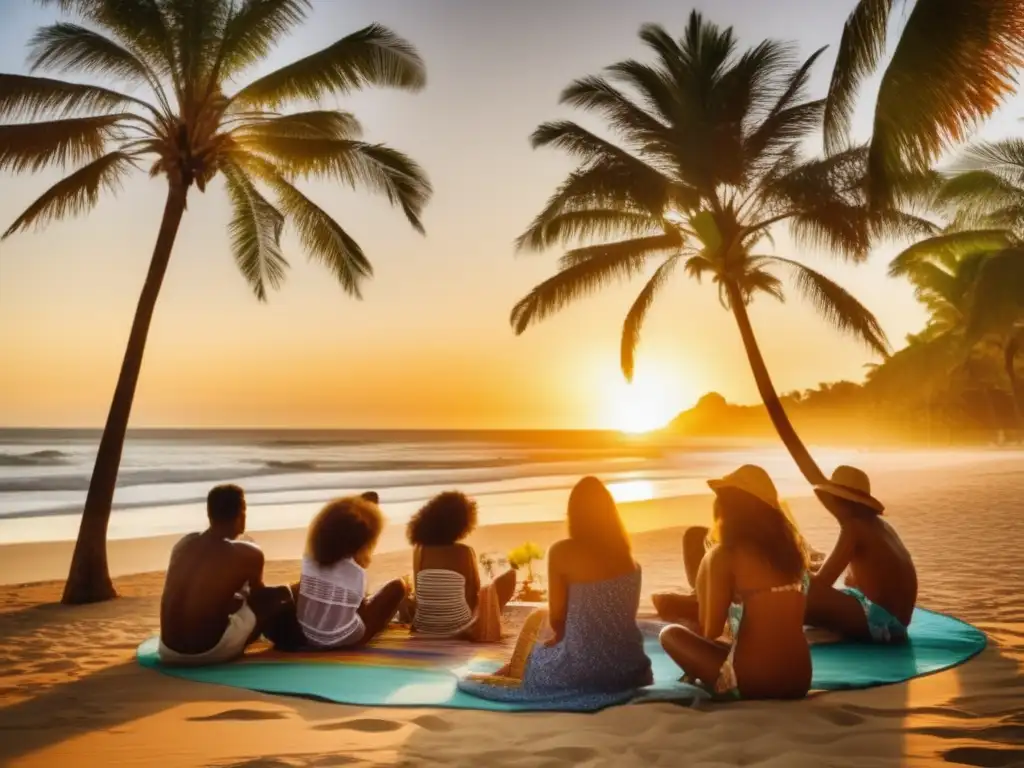 Tradición del mate en la playa en Brasil: amigos disfrutan de mate de playa rodeados de palmeras y la puesta de sol