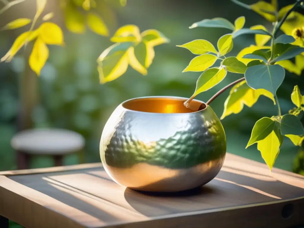 Tradición del mate en plazas y parques - Mate de plata vintage en soporte de madera rodeado de hojas verdes y luz solar
