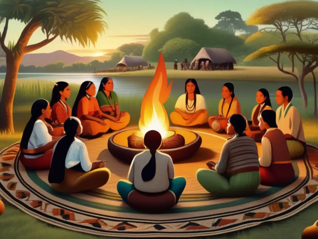 Tradición del mate en pueblos originarios: Comunidad indígena reunida alrededor del fuego, celebrando ancestral ceremonia del mate