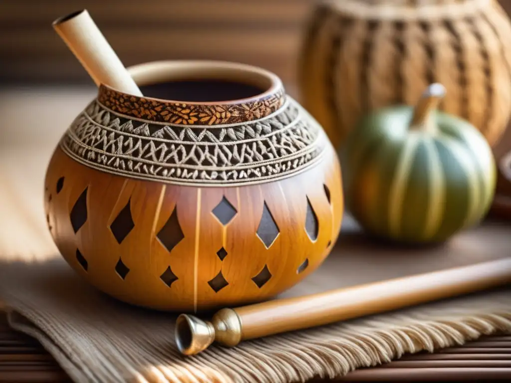 Tradición del mate en pueblos originarios: Mate gourd adornado, yerba mate recién preparada, bombilla de madera y paisajes verdes
