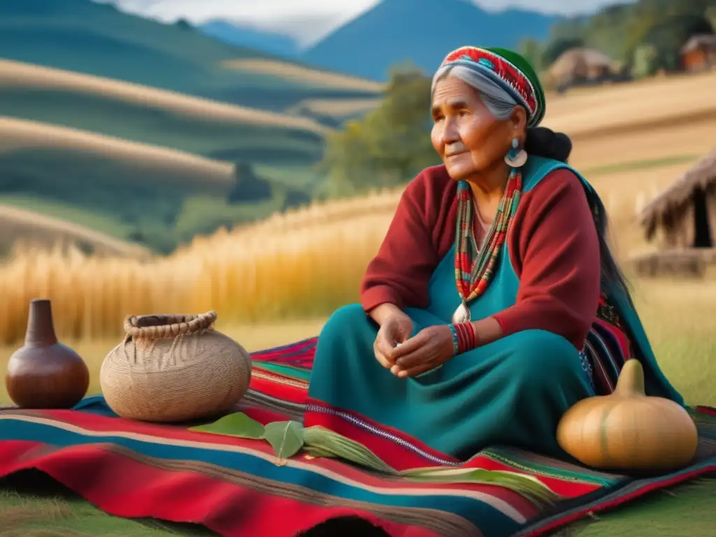 Tradición del mate en pueblos originarios: Anciana Mapuche en ritual del mate rodeada de elementos tradicionales