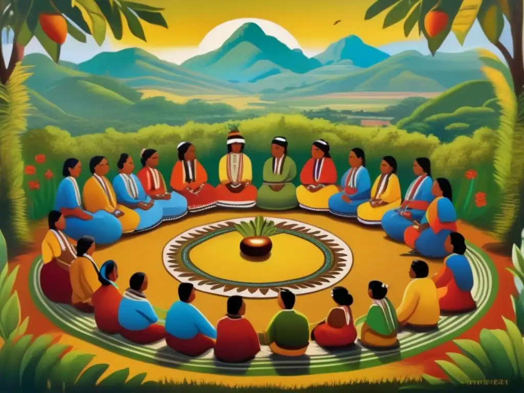 Tradición del mate en pueblos originarios: Ceremonia ancestral de mate en comunidad indígena con colores vibrantes y conexión entre participantes