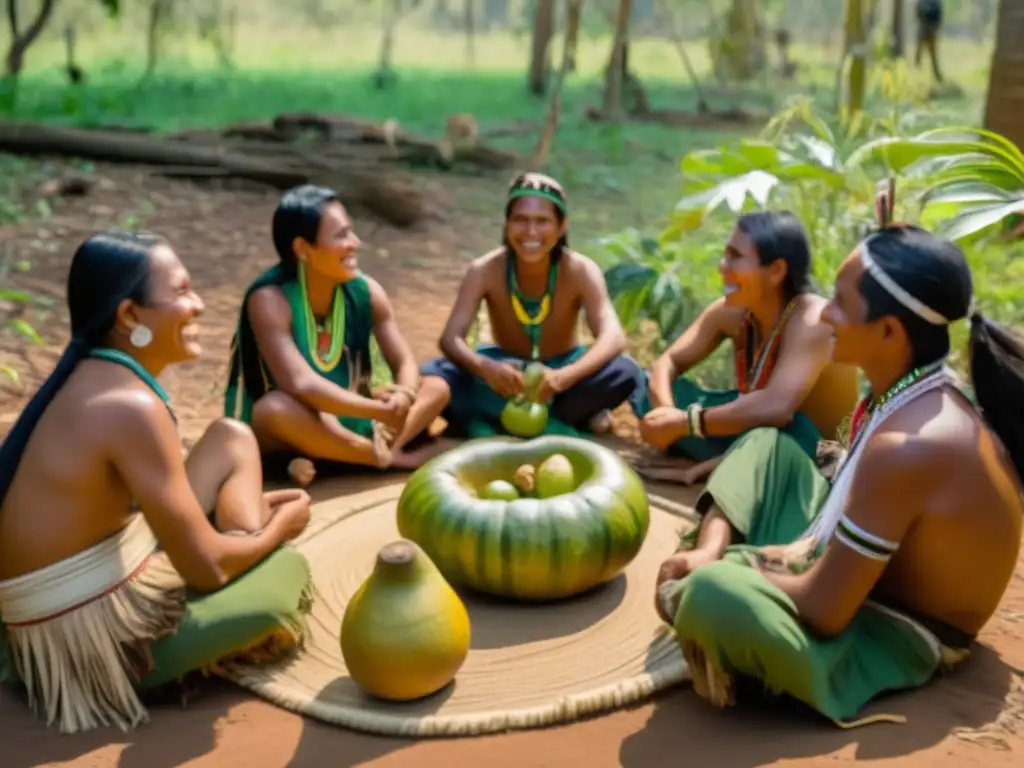 Tradición del mate en relaciones diplomáticas: Guarani indígenas disfrutan de mate en un círculo, en un ambiente natural y verde