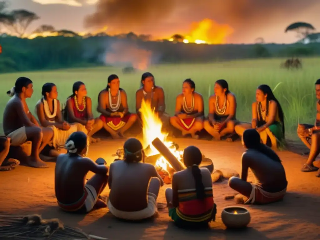 Tradición del mate en la región: comunidad Guarani reunida alrededor de un fuego, preparando y compartiendo mate