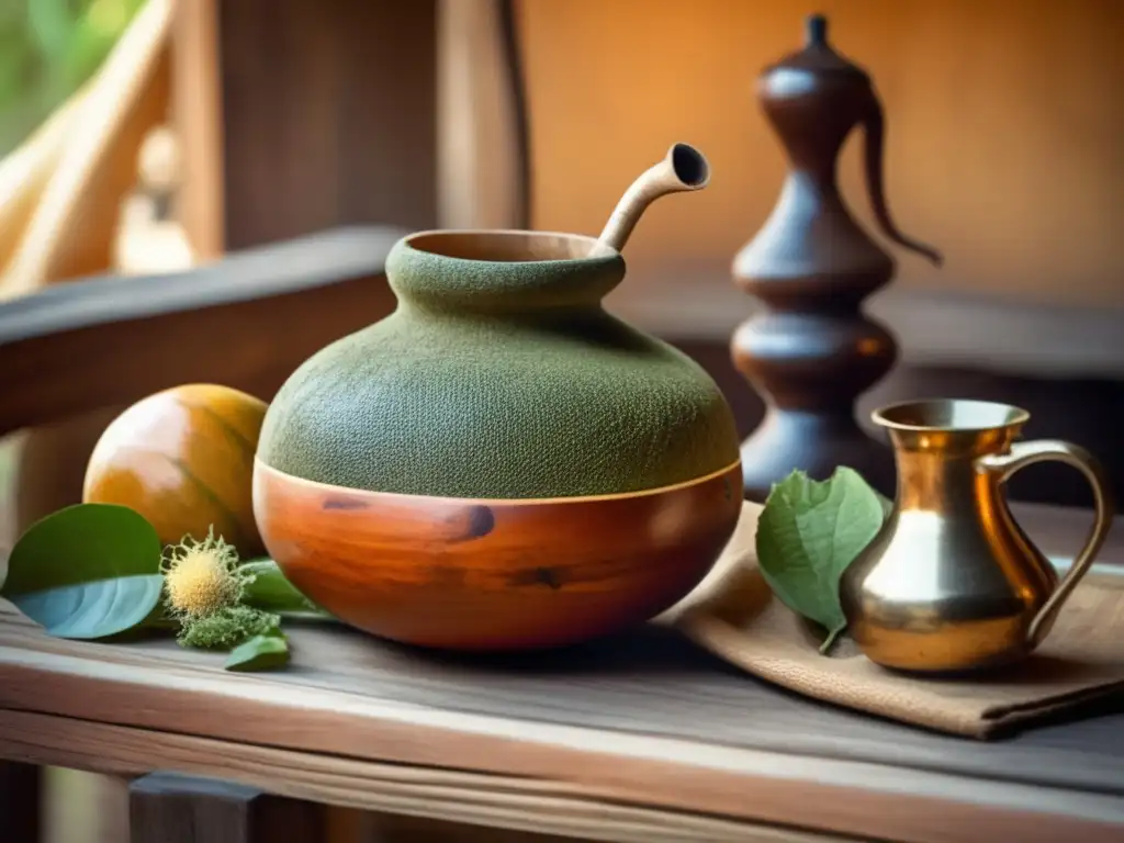 Tradición del mate en el Río Plata: Gourd, yerba leaves, wooden table, Guarani people, nostalgia, deep roots