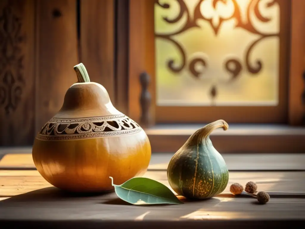 Tradición del mate en el Río Plata: gourd, bombilla, yerba mate, carvings, sunlight, courtyard, nostalgia