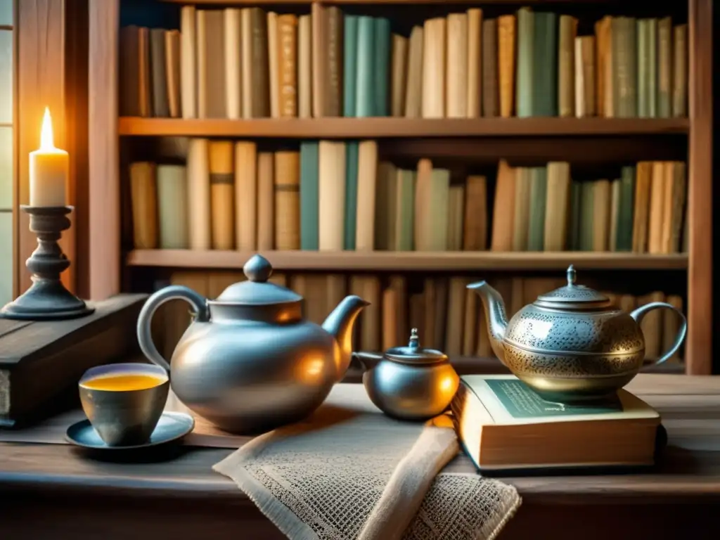 Tradición del mate en el Río de la Plata: un acogedor y nostálgico ambiente con libros antiguos, mate de plata y poesía en papel vintage