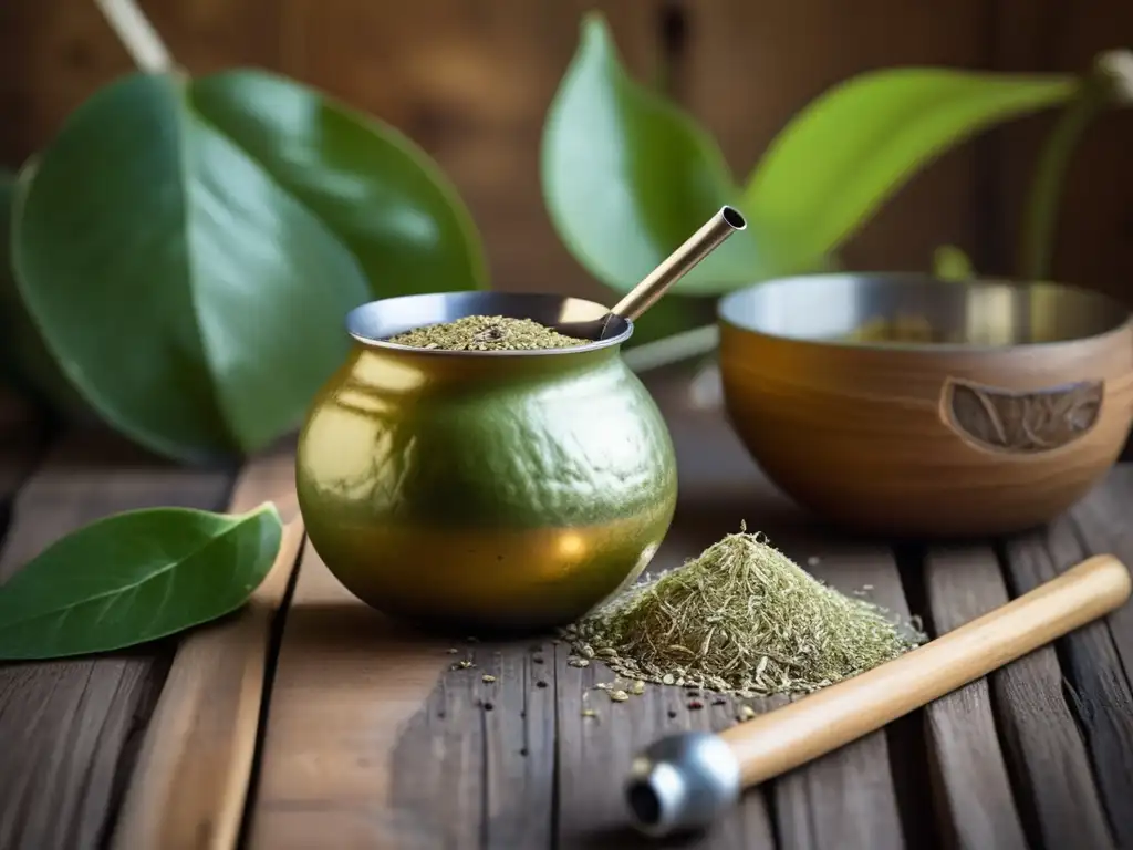 Tradición del mate en el Río de la Plata: Yerba mate, gourd y bombilla sobre mesa rústica con hojas de mate sueltas y vapor