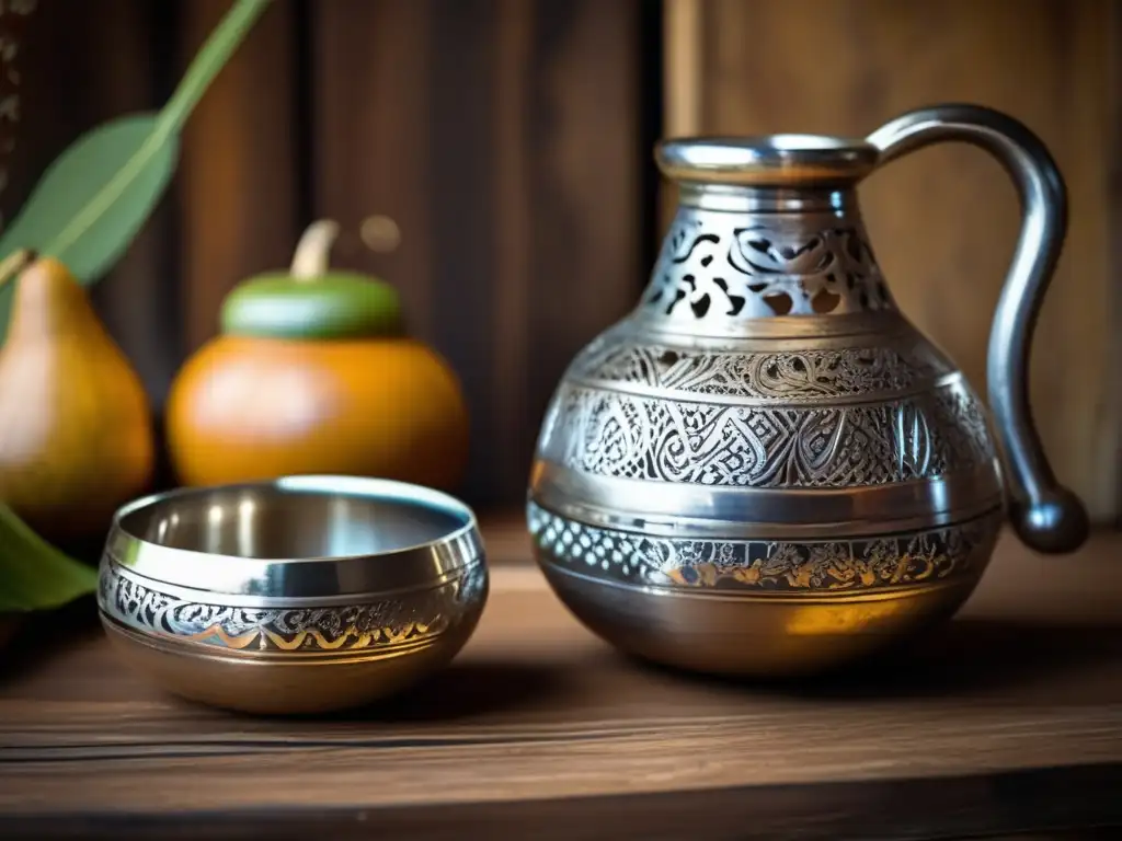 Tradición del mate en el Río de la Plata: Gourd y bombilla de mate vintage en mesa rústica, con paisaje y luz cálida