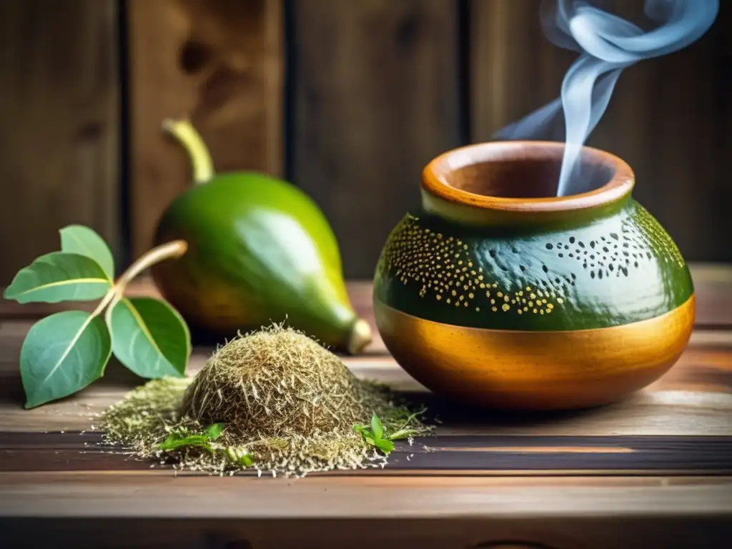 Tradición del mate en el Río de la Plata con gourd, bombilla y yerba en mesa rústica rodeados de hojas verdes y detalles