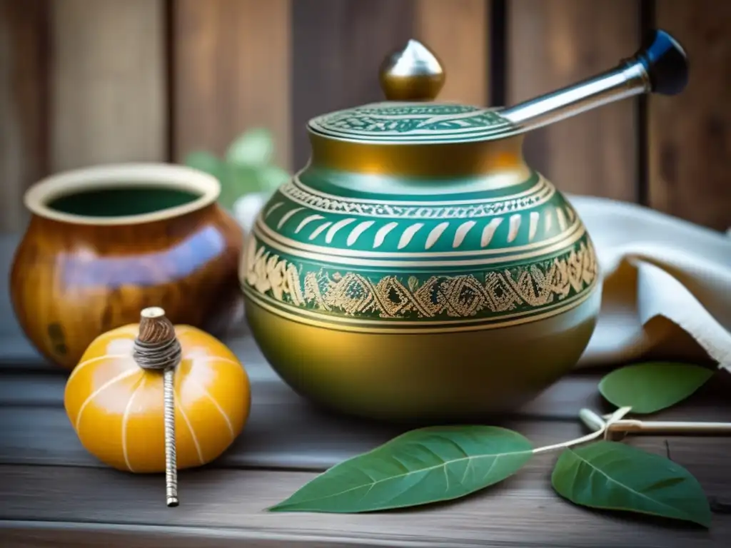 Tradición del mate en el Río Plata con gourd, bombilla y yerba mate en mesa rústica