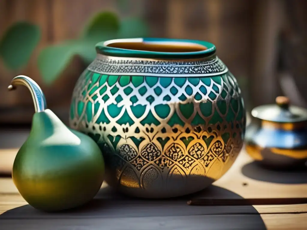 Tradición del mate en el Río de la Plata: Mate gourd, bombilla y tazas cerámicas en una foto vintage