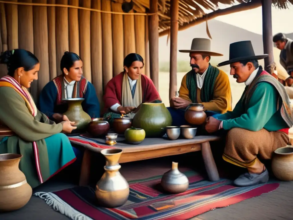 Tradición del mate en el Río de la Plata: ceremonia vintage con amigos disfrutando del mate en un patio rústico y acogedor