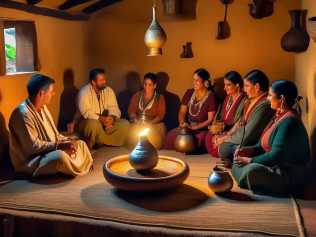 Tradición del mate en el Río Plata: ceremonia vintage con mate, bombilla y conversación animada en una acogedora habitación rústica