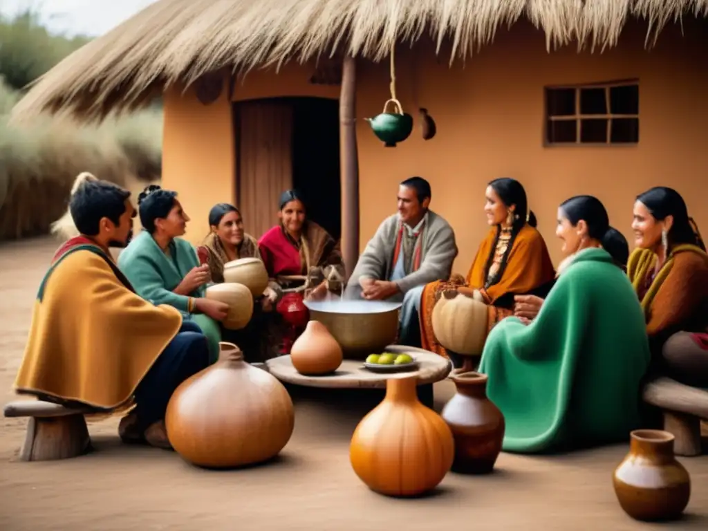 Tradición del mate en el Río Plata: ceremonia vintage con amigos disfrutando de mate y conversación, en un patio rústico con tonos cálidos