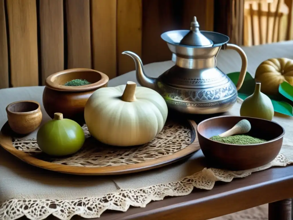 Tradición del mate en el Río de la Plata: ceremonia vintage con mesa de madera, mate, bombillas, yerba mate, pava y elementos tradicionales