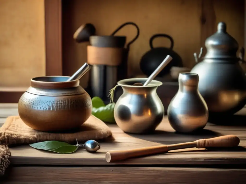 Tradición del mate en el Río de la Plata: ceremonia vintage en una acogedora cocina rústica, con muebles de madera envejecida y tonos cálidos