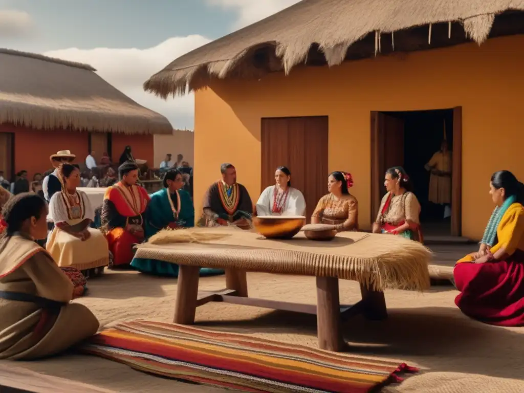 Tradición del mate en el Río de la Plata: ceremonia histórica con muebles de madera, textiles indígenas y personas de diferentes culturas, compartiendo la bebida tradicional en un patio colonial