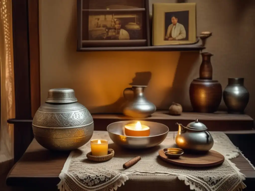 Tradición del mate en el Río de la Plata: Ceremonia vintage en una acogedora habitación con muebles de madera y paredes adornadas con fotos antiguas