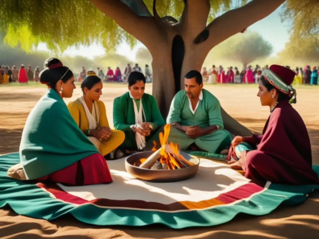 Tradición del mate en el Río de la Plata: Ceremonia al aire libre con personas vestidas en trajes tradicionales, preparando y compartiendo mate