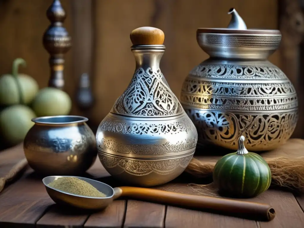 Ceremonia tradicional del mate en la región Rioplatense Tradición del mate en el Río de la Plata: ceremonia vintage con mate, gourd de plata, bombilla decorativa, enmarcados por la historia y nostalgia