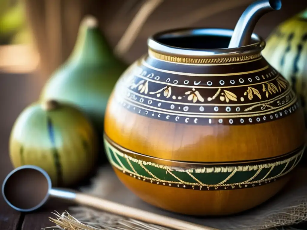 Tradición del mate en el Río de la Plata: gourd decorada, yerba mate, bombilla, tango, arquitectura, atmósfera nostálgica y sepia