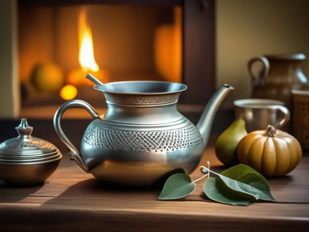 Tradición del mate en el Río de la Plata: Encantadora escena de ritual mate en cocina antigua, con gourd y bombilla de plata