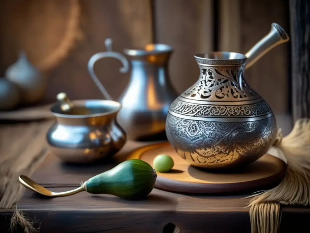 Tradición del mate en el Río de la Plata, escena vintage con gourd de plata, bombilla y conversación