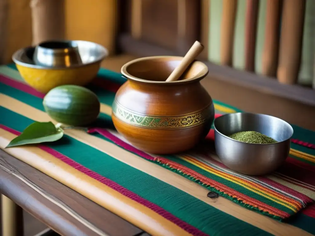 Tradición del mate en el Río de la Plata: escena vintage de preparación en una mesa rústica con mate, bombilla, accesorios y ambiente cálido