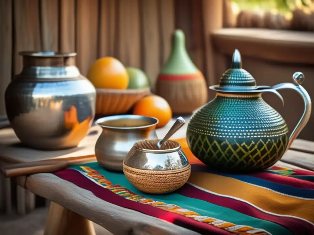 Tradición del mate en el Río de la Plata con escena vintage de mesa y accesorios mate