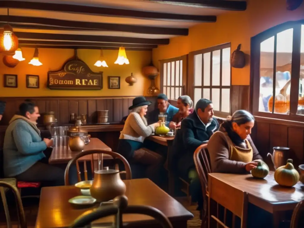 Tradición del mate en el Río de la Plata: Escena acogedora de un café vintage con personas disfrutando de mates y ambiente bohemio