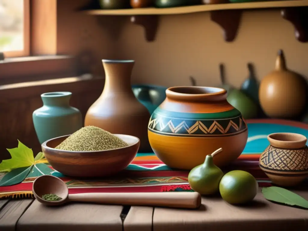 Tradición del mate en el Río de la Plata: escena vintage de preparación con mate, yerba y utensilios