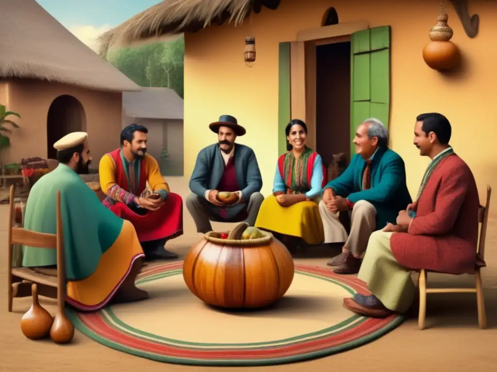 Tradición del mate en el Río Plata: escena vintage de un círculo mate en un patio rústico con una mesa de madera y mantel colorido tejido