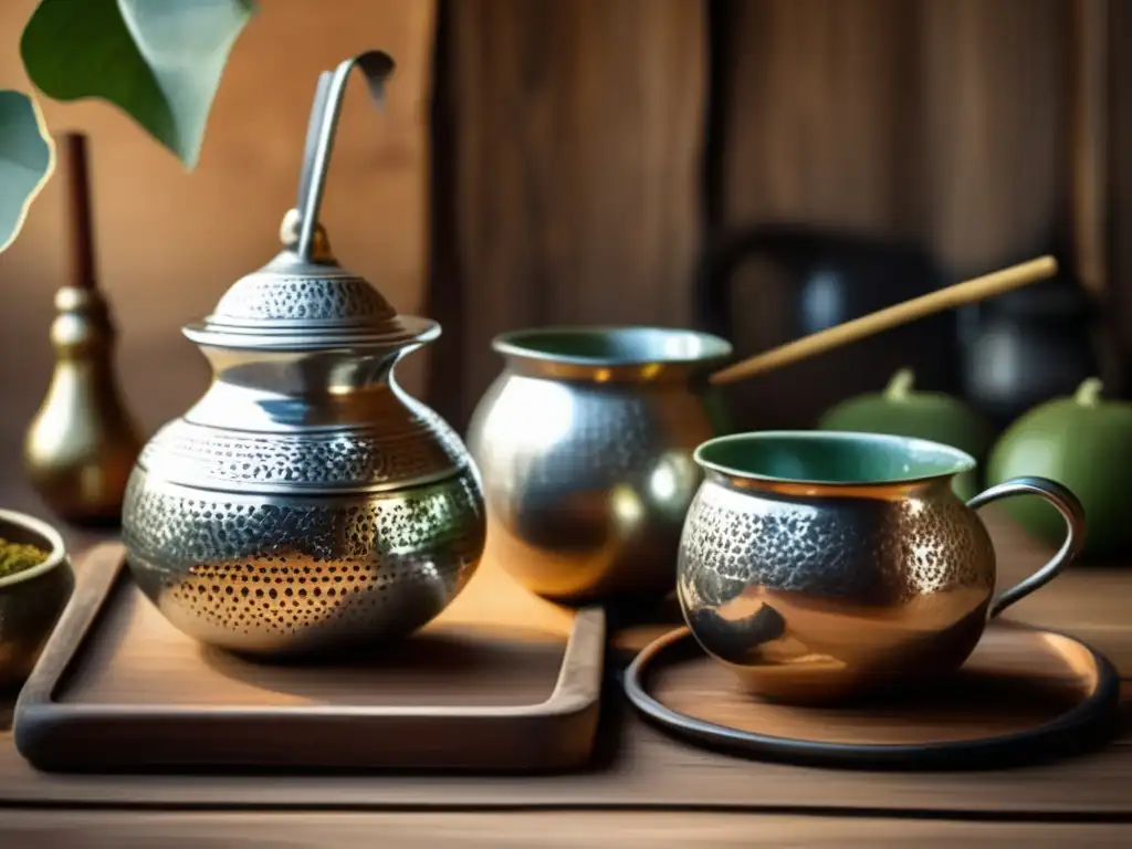 Tradición del mate en el Río de la Plata: imagen detallada y vintage de una escena tradicional con mate, cerámica y libros antiguos