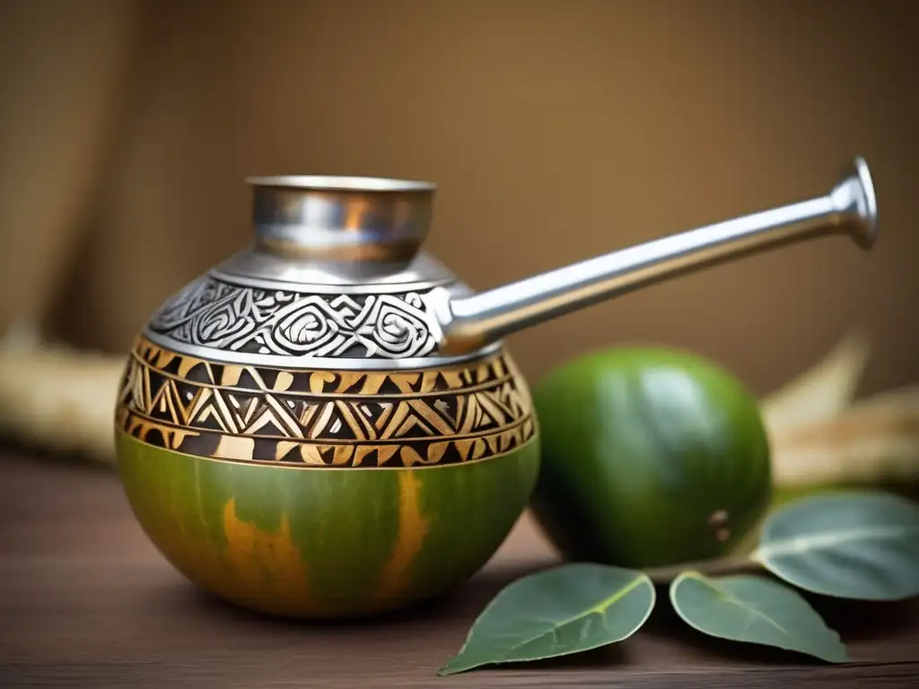 Tradición del mate en el Río de la Plata: Mate gourd, yerba mate, patterns, silver rim, bombilla, wooden table, faded map, sunlight