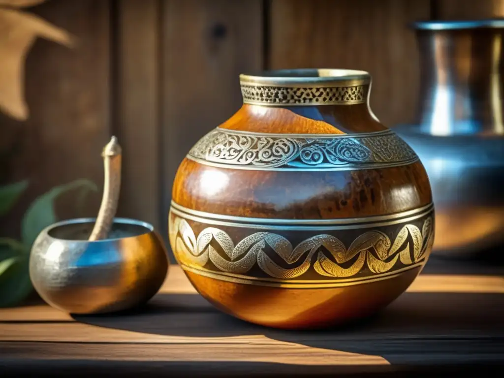 Tradición del mate en el Río de la Plata: Yerba mate y bombilla en una gourd vintage con decoraciones y ingredientes naturales