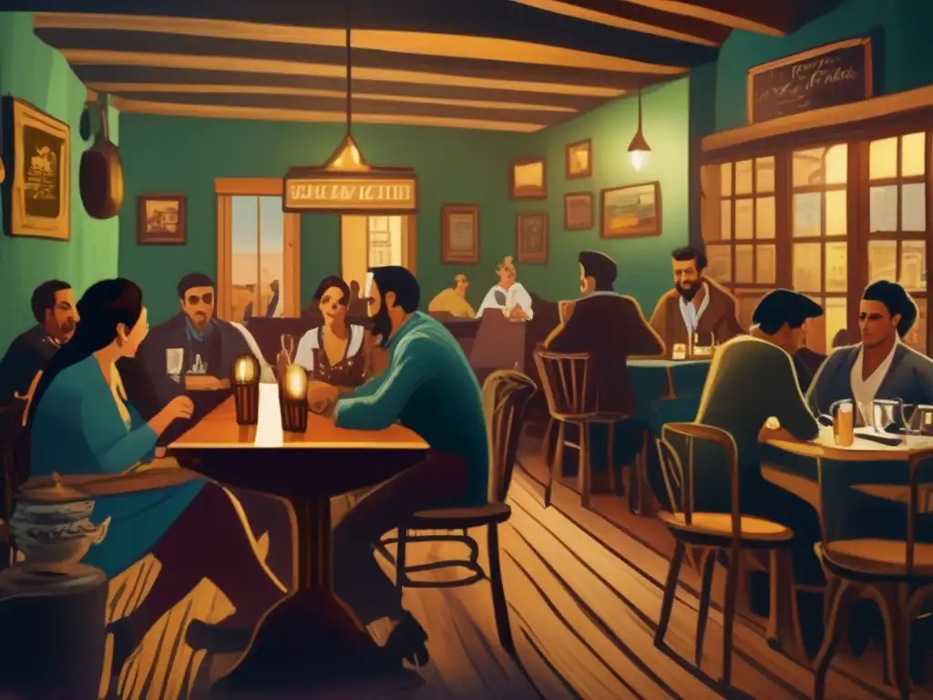 Tradición del mate en el Río de la Plata: Pintura vintage de un animado café bohemio