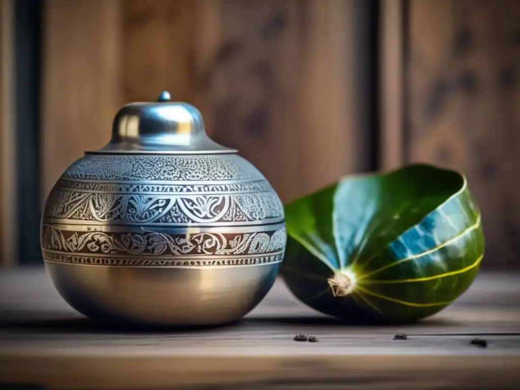 Tradición del mate en el Río de la Plata: Gourd de plata grabado, lleno de yerba mate y bombilla metálica, en mesa de madera rústica