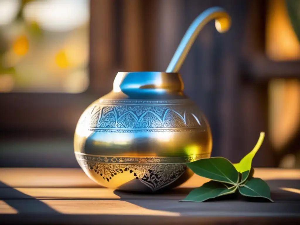 Mate de plata y yerba mate en mesa rústica Tradición del mate en el Río de la Plata: Mate de plata con grabados, yerba mate oscura y bombilla plateada en mesa de madera rústica