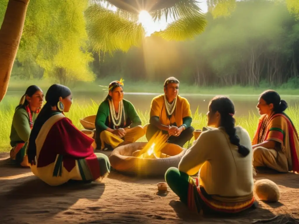 Tradición del mate en el Río de la Plata en una reunión indígena en un bosque verde, cálido y culturalmente significativo