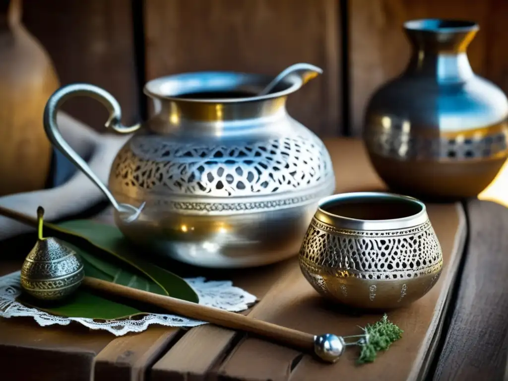 Tradición del mate en el Río de la Plata: ritual con mate, gourd, bombilla, yerba mate, engravings, doily, paintings, sculptures, sunlight