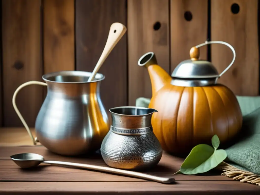 Tradición del mate en el Río Plata: un set de mate vintage con gourd, bombilla, y elementos tradicionales en una mesa rústica