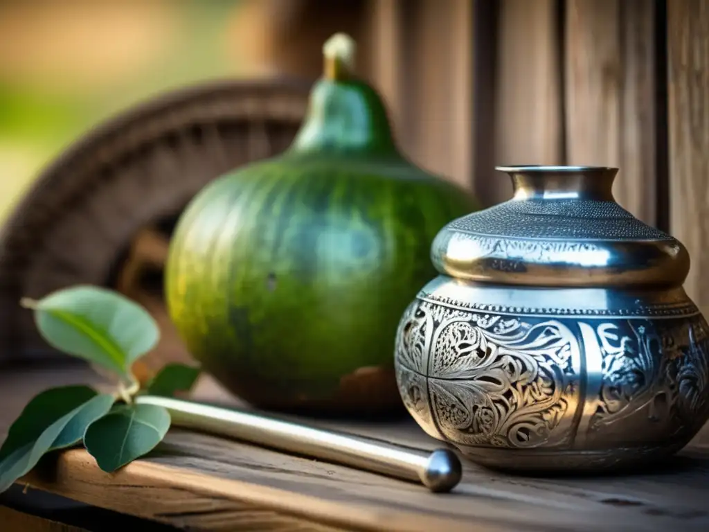 Tradición del mate en el Río de la Plata: mate, yerba, bombilla, gourd, alfajores, engravings, silver rim, rustic table