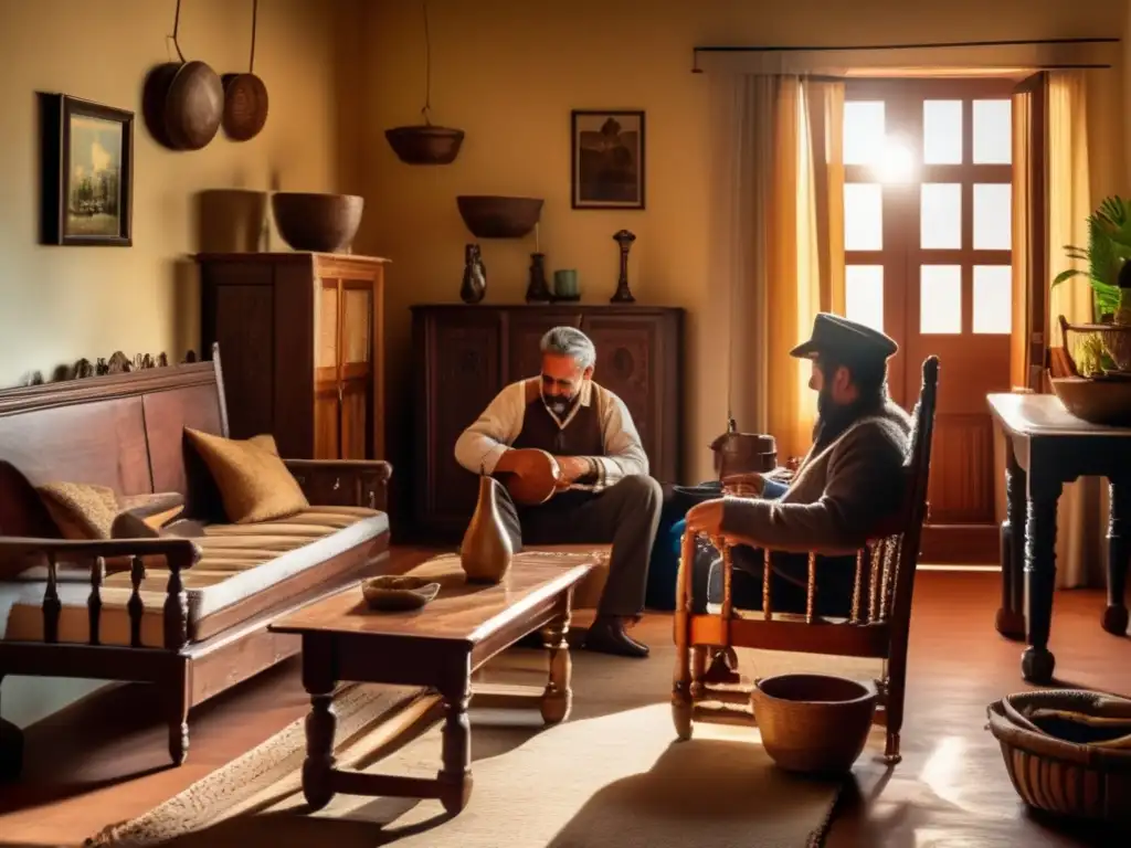 Tradición del mate en el Río de la Plata: Reunión tradicional en sala vintage con mate, muebles antiguos, luz cálida y conversaciones animadas