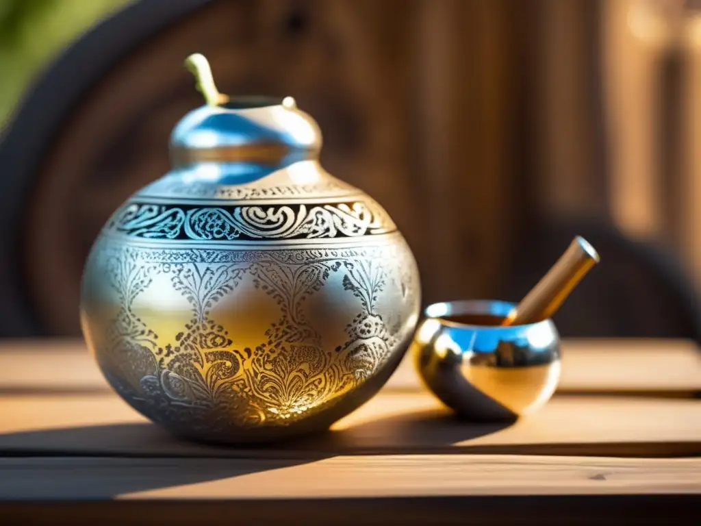 Mate rioplatense: Tradición y artesanía en una hermosa imagen de mate de plata con grabados y yerba mate recién preparada