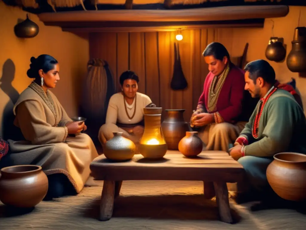 Tradición del mate en la región rioplatense: ceremonia en una acogedora habitación rústica con paredes de madera, mesa de mate y personas vestidas tradicionalmente, disfrutando de la conversación y el aroma del mate recién preparado