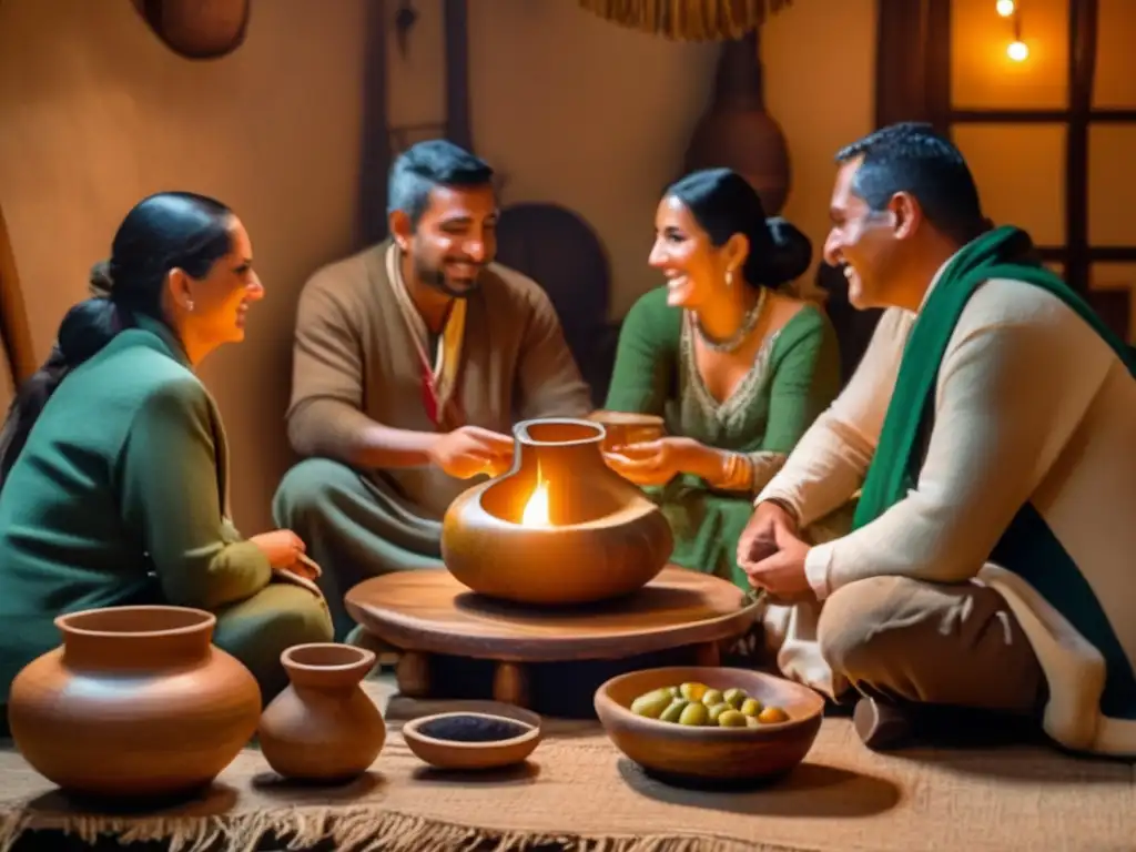 Tradición del mate en la región rioplatense: ceremonia en una acogedora habitación rústica con amigos disfrutando del mate