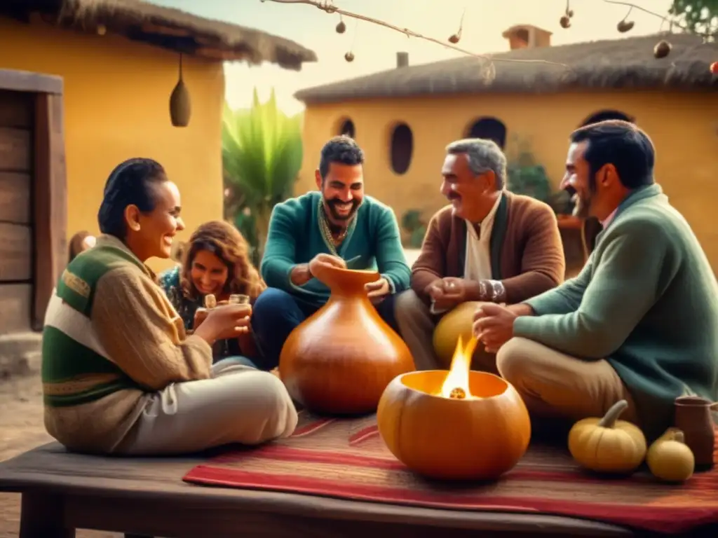 Tradición del mate en el rioplatense: ceremonia con amigos, mate gourd y bombilla, yerba mate aromática, vapor y luz dorada