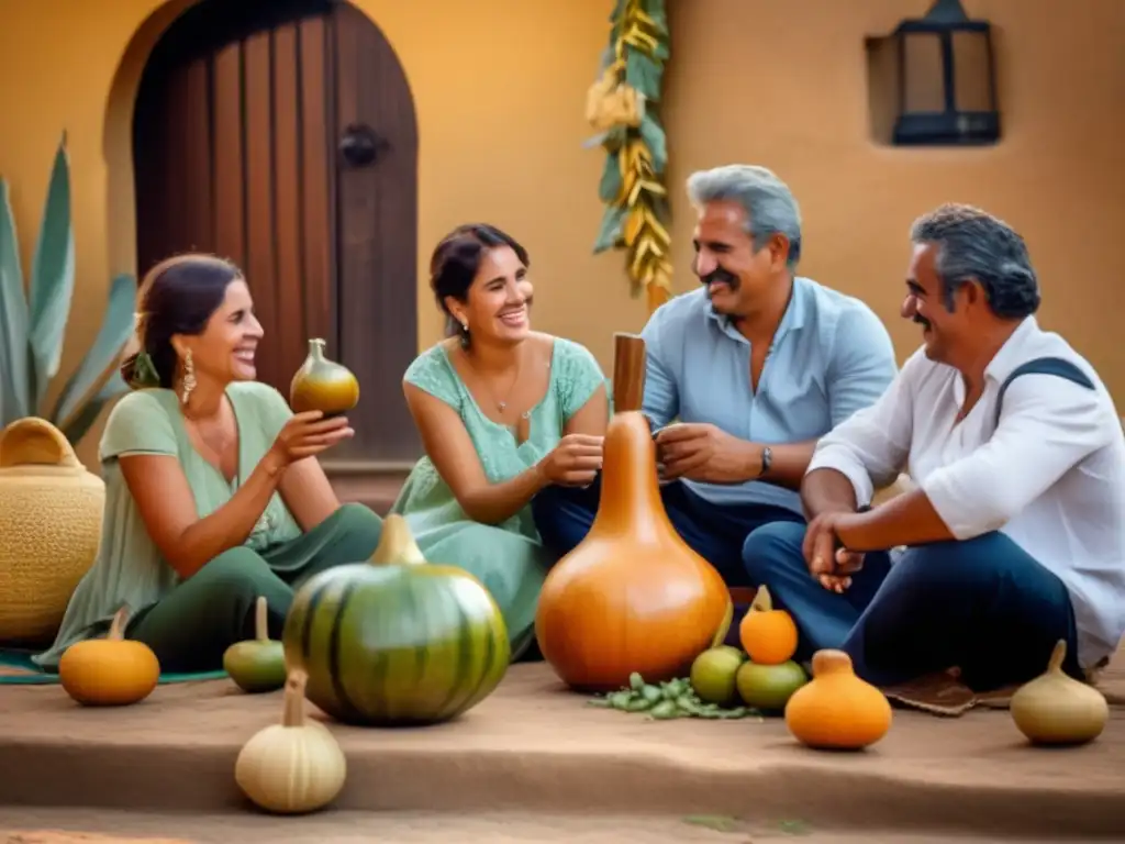 Tradición del mate en la región rioplatense: ceremonia con amigos y familia alrededor de una mate gourd y bombilla, reflejando calidez y hospitalidad