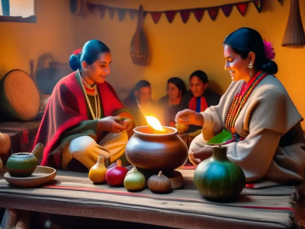 Tradición del mate en la región rioplatense: ceremonia con gente vestida tradicionalmente, mate gourd, yerba mate y bombillas